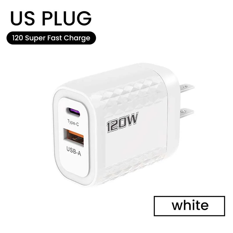 120W Charger USB C Fast Charger For iPhone Xiaomi Samsung Oneplus Phone Adapter 2 Ports QC3.0 Fast Charging PD Charger Adapter