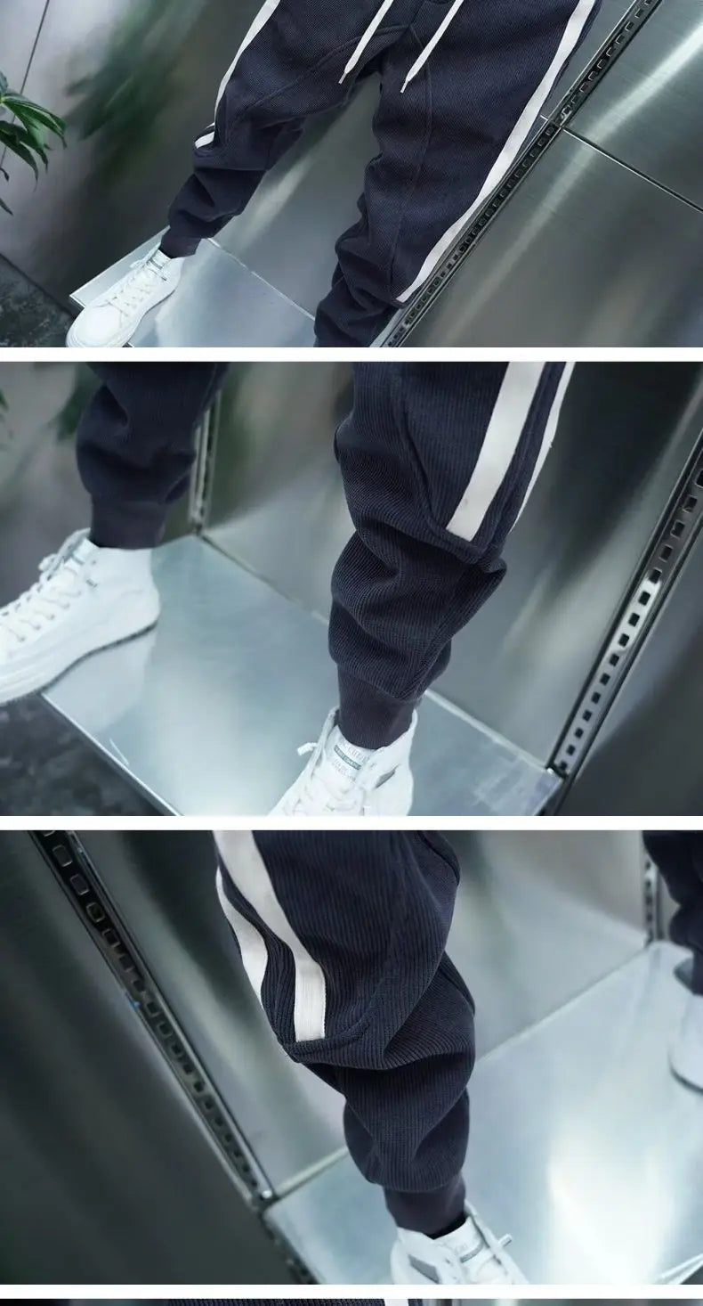 Fashion 2024 Autumn Winter New Black Jogger Men's Corduroy Pants Korean Elastic Waist Casual Pants Jogging Striped Harem Pants