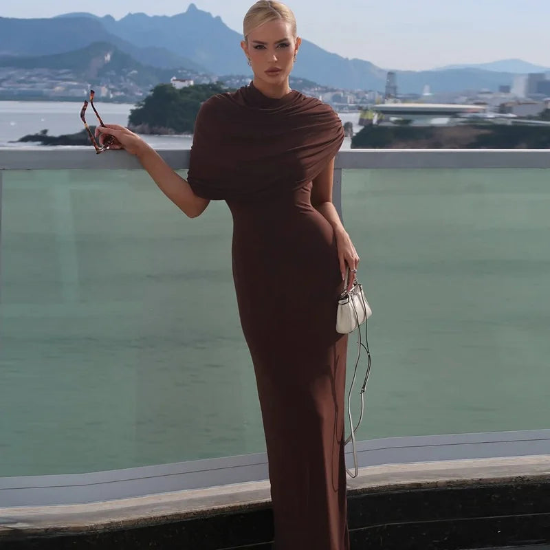 Mozision Irregular Ruched Sexy Maxi Dress For Women Elegant Autumn Inclined Shoulder Pleated Club Party Long Dresses Female