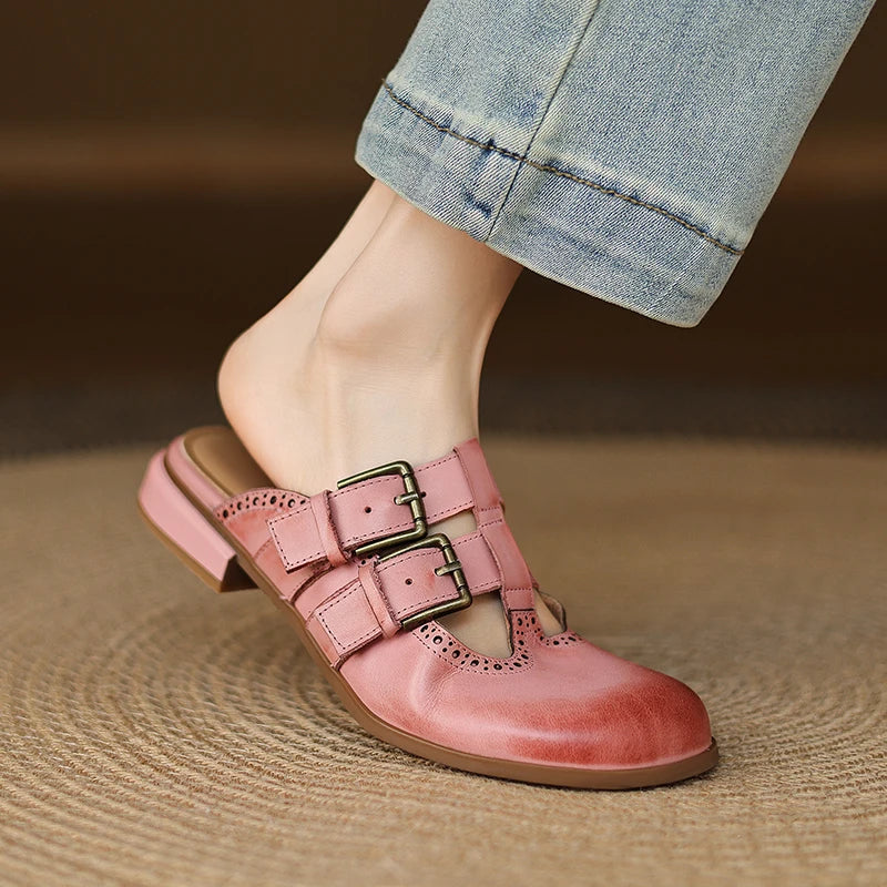 New Fashion Sandal Women Pumps Shoes Sexy Slingback Heels Retro Leather Party Casual Summer Round Toe Shoes Mueller Slippers