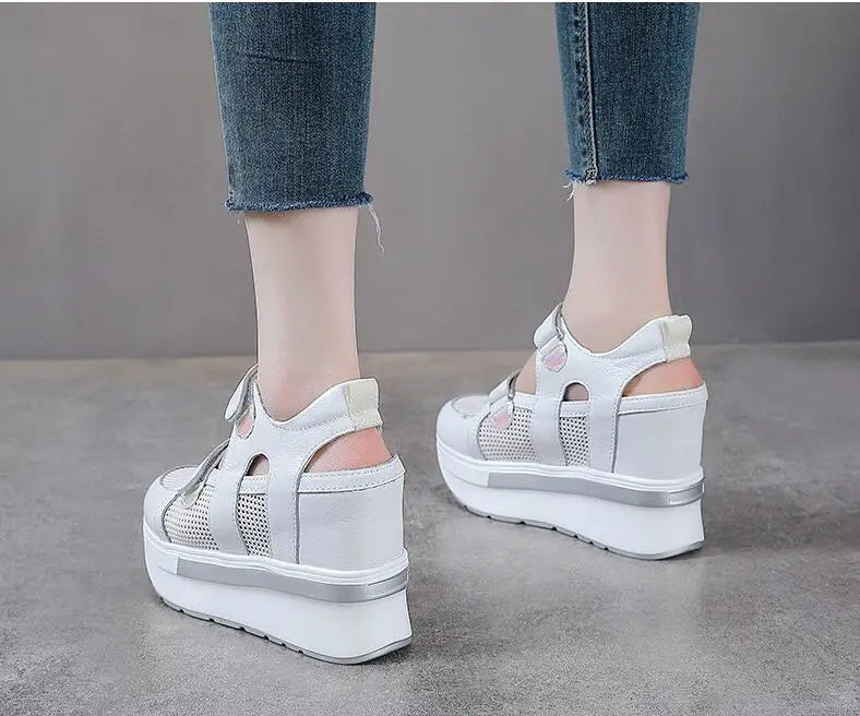 10cm Air Mesh Genuine Leather Platform 2025 Wedge Flats Sneakers Hook Summer Women Comfy Fashion Chunky Sneaker Sandals Shoes