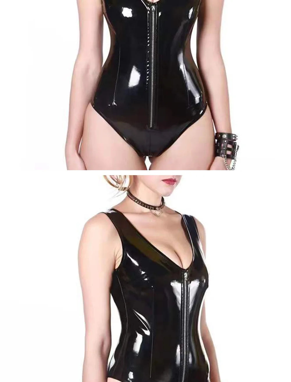 Sleeveless Wet Look PVC Catsuit Shiny PU Leather High Cut Vest Bodysuit Tights Sexy Cosplay Sukumizu Body Tops Clubwear Leotard