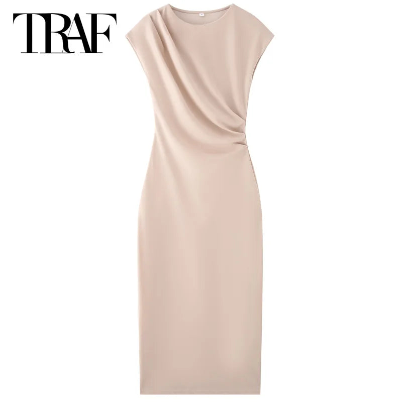 TRAF Women's Ruffled Khaki Dress Summer 2025 Woman Chic Evening Dress New In Dresses Midi Ruched O-Neck Sleeveless Long Vestidos