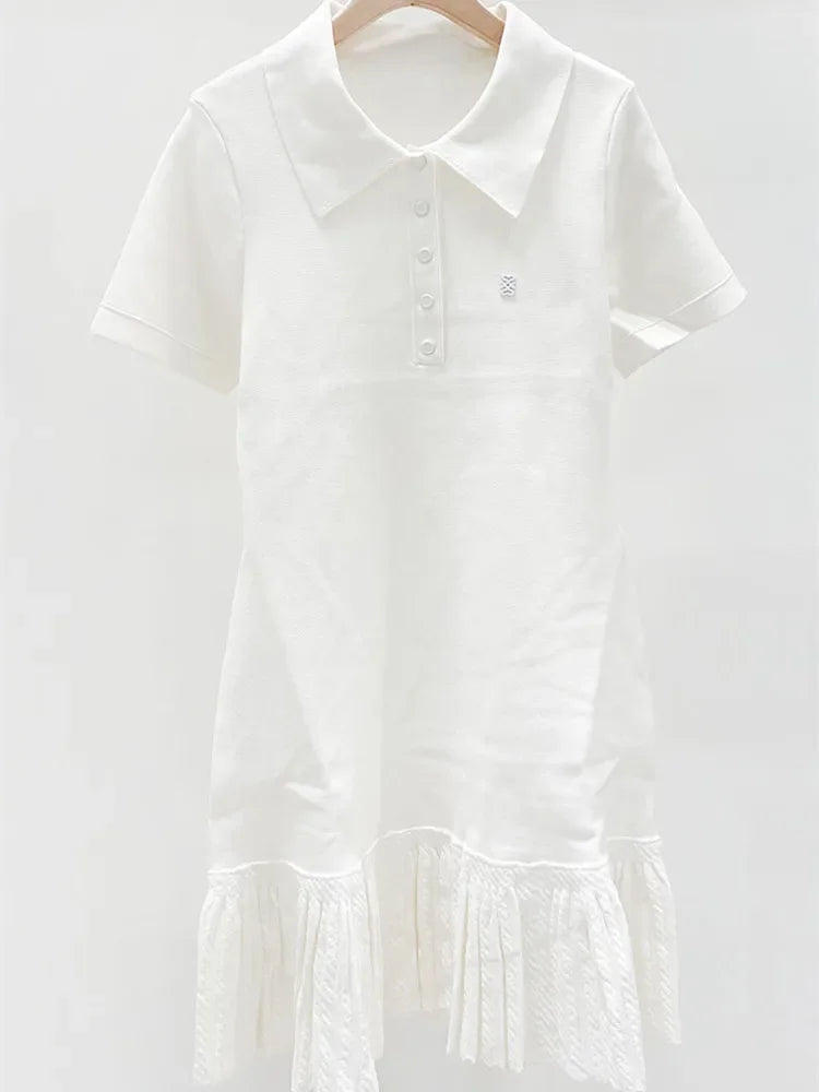 White or Black Women A-Line Knit Dress Slim Short Sleeve Front Letter Female Pleated Mini Robe 2025 New