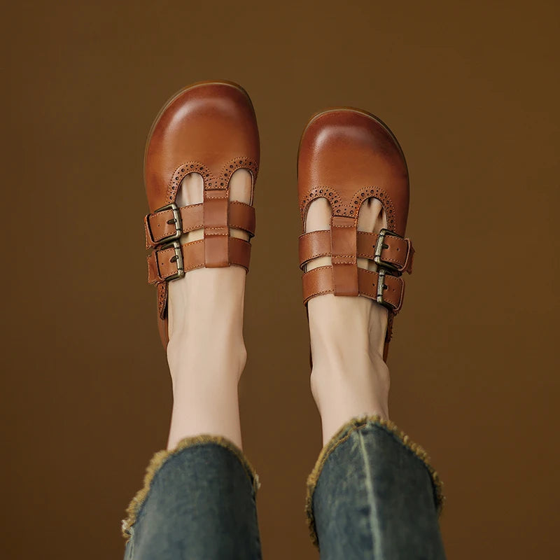 New Fashion Sandal Women Pumps Shoes Sexy Slingback Heels Retro Leather Party Casual Summer Round Toe Shoes Mueller Slippers