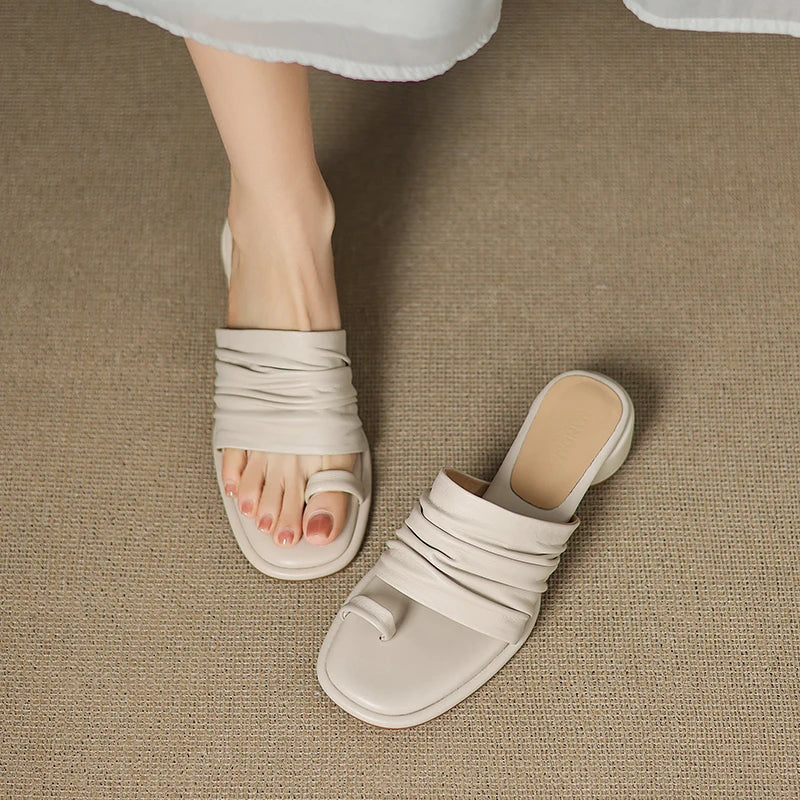 2025 NEW Summer Women Mules Genuine Leather Shoes for Women Open Toe Med Heel Shoes Slippers Pleated Modern Sandals