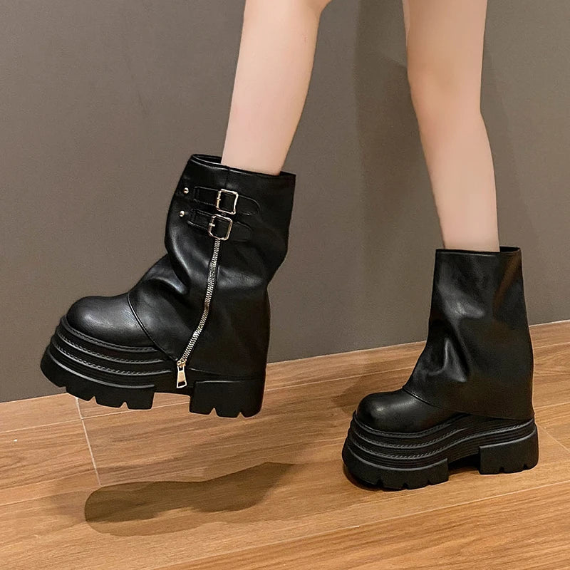 10CM Winter Warm Chunky Short Boots Women High Heels New Mid Calf Leather Sneakers Trend Buckle Motorcycle Boots Fur Snow Shoes