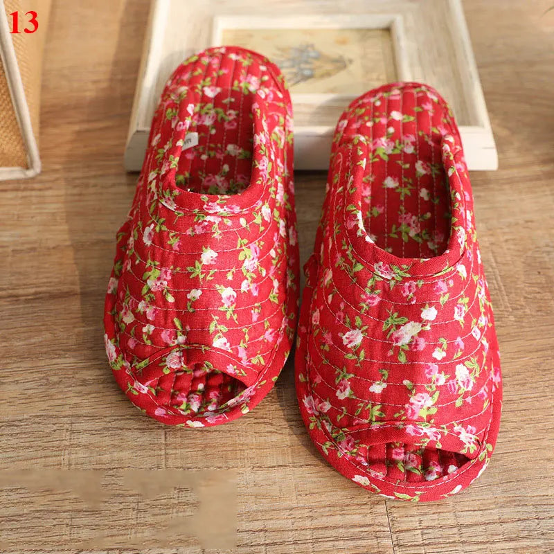 1 Pair Vintage Floral Home Slippers Spring Autumn Soft Cotton Toe Sole Slippers Women Flat Shoes Indoor Bedroom Slippers