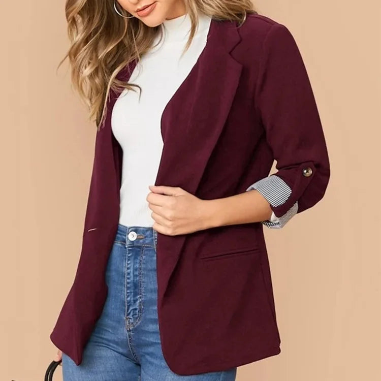 Women Autumn Winter Fashion Splicing Lapel Slim Cardigan Blazer Jacket Long Sleeve Casual