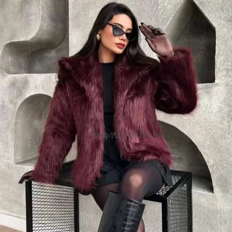 2025 New  Women's Fur Coat Women Plush Burgundy Bomber Jacket Solid Crop Long Sleeve Jacket Warm Winter Coats Woman Casual Coats