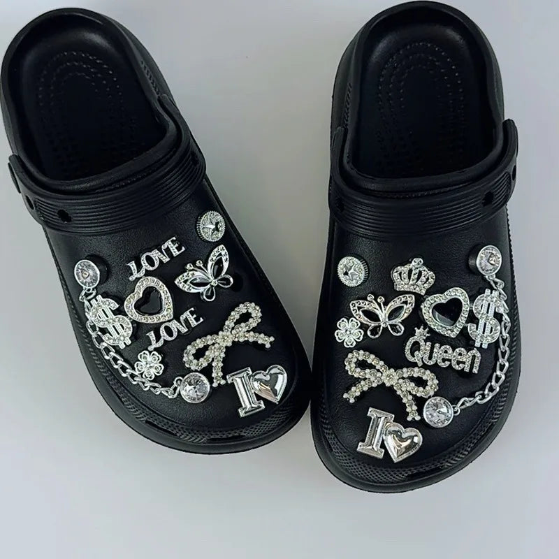 20PCS Fashion Shoe Charms Set Accessories Hole Shoe Buckle Silver Rhinestone Letter Bow Chain DIY Shoes Decorations for Bogg Bag