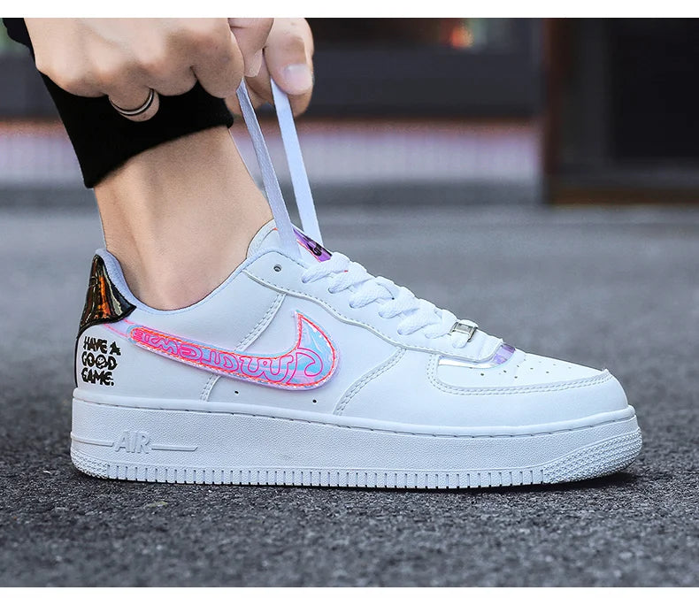 Aj1 Men's Air Force One Men's Shoes Video Game Pixel White Laser Joint Low-Top Sneakers Casual White Shoes
