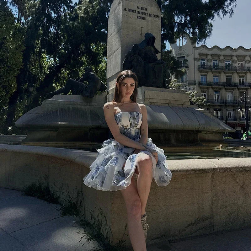 Chic Elegant Floral Printed Mini Dress Women Backless Sleeveless A Line Strapless Robes Pleated Hem Party Vestidos Lady Clorhing