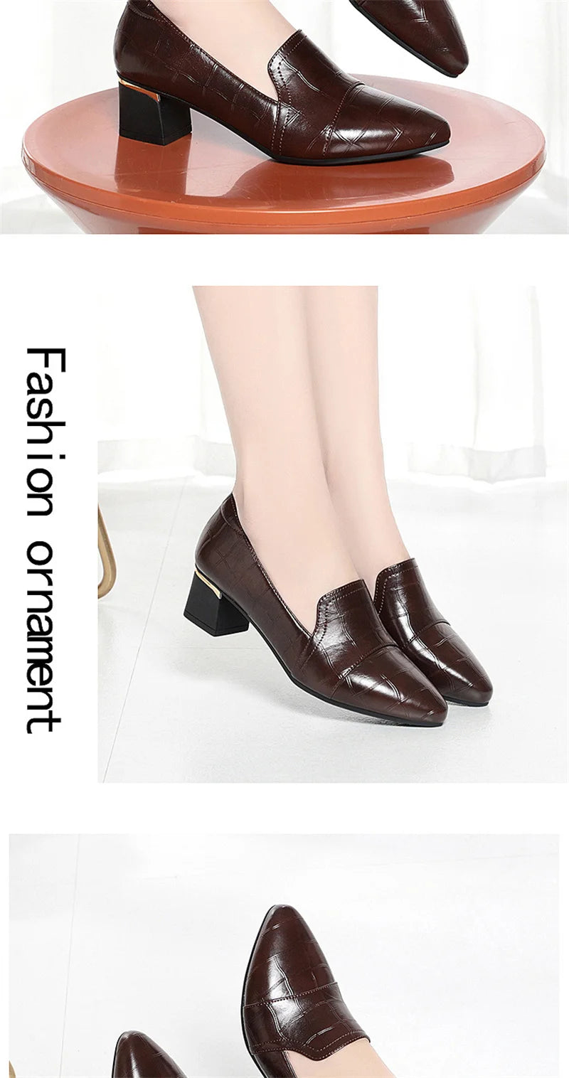 Mom Shoes Spring And Autumn Women's Leather Shoes Thick Heels Work Women's Shoes Comfortable Soft Sole Single Shoes Work Shoes