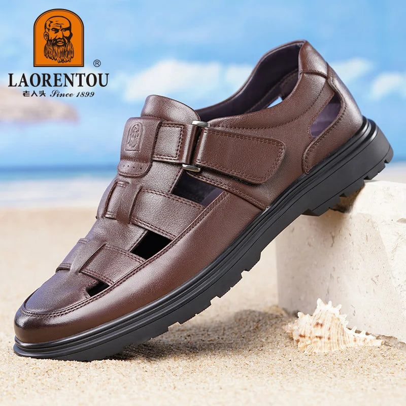 LAORENTOU leather sandals, men's breathable hollow hole shoes, toe wrapped cowhide, anti slip and wear-resistant casual  shoes