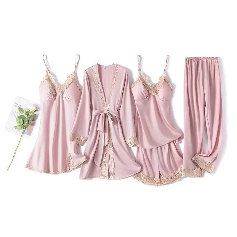 Pink Pajamas Sets Womens Strap Top Pants Sleepwear Suit Spring Autumn Home Wear Nightwear Kimono Robe Bath Gown M-XXL