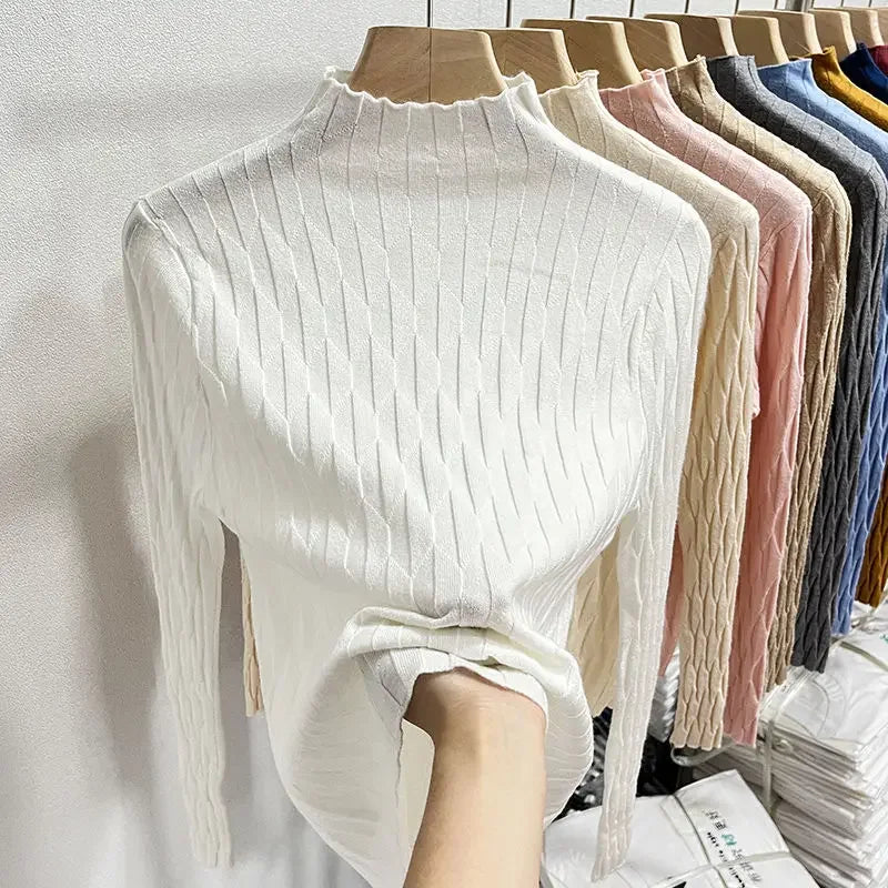 2025 Slim Fit Knitted Base Pullovers Autumn Winter Turtleneck Sweater Women's Solid Long Sleeve Casual Ruched Sweater