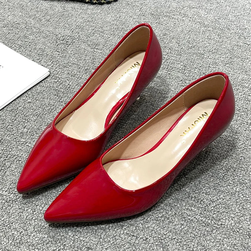New Women's Shoes On Heels Elegant Medium High Heeled Ladies Pointed Toe 5cm Fashion Pumps For Woman Office Black Pink Red