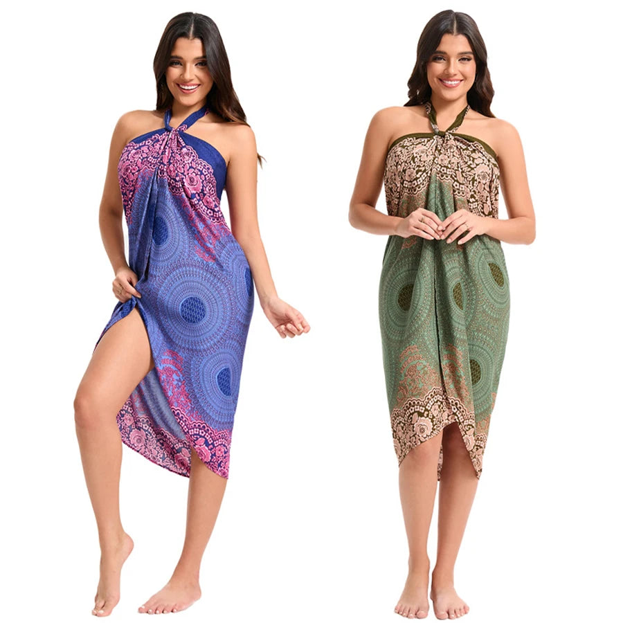 Women’s Boho Maxi Wrap Long Skirt Tie Up Beach Cover Up Dress Vintage Bohemian Adjustable High Waisted Holiday Rayon Dress