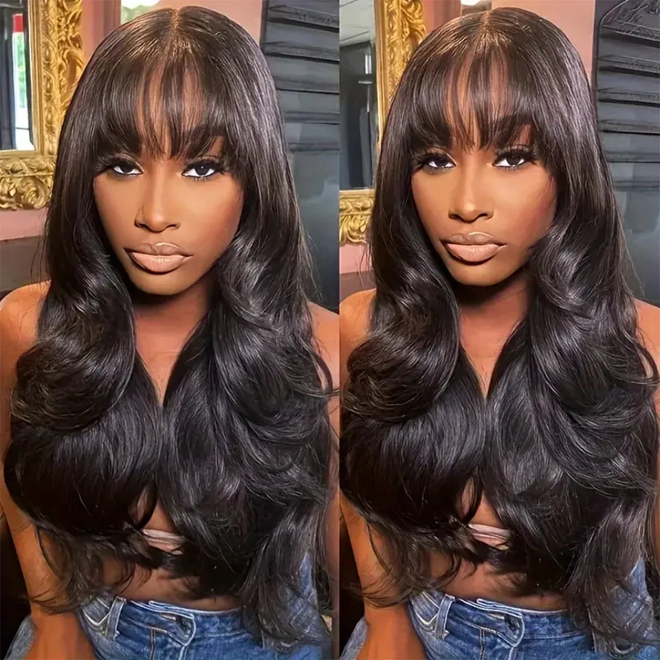 Body Wave Human Hair Wigs With Bangs Peruvian Cheap Glueless Wigs On Sale Clearance Full Machine Made Wig With Bangs For Woman