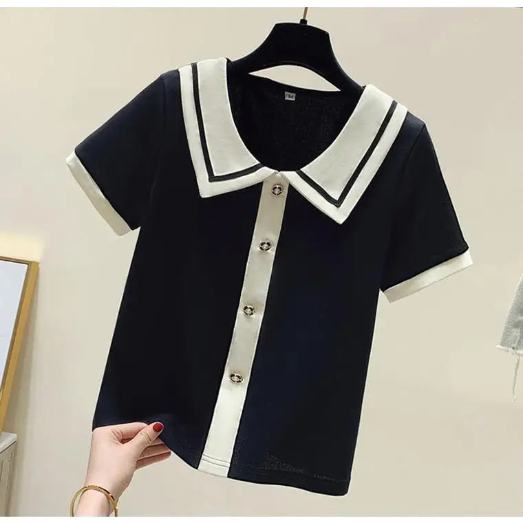 Summer Elegant Loose Polo-neck Knit Pullover Women Fashion Patchwork Button Short Sleeve T-shirt Office Lady Chic Tops 40-100Kg