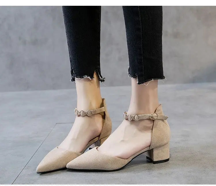 Small Size 31-34 Fashion Closed Toe Sandals Low Heeled Woman Ankle Strap Shoes Pointed Thick Heel Sandalias De Mujer Ladies Shoe