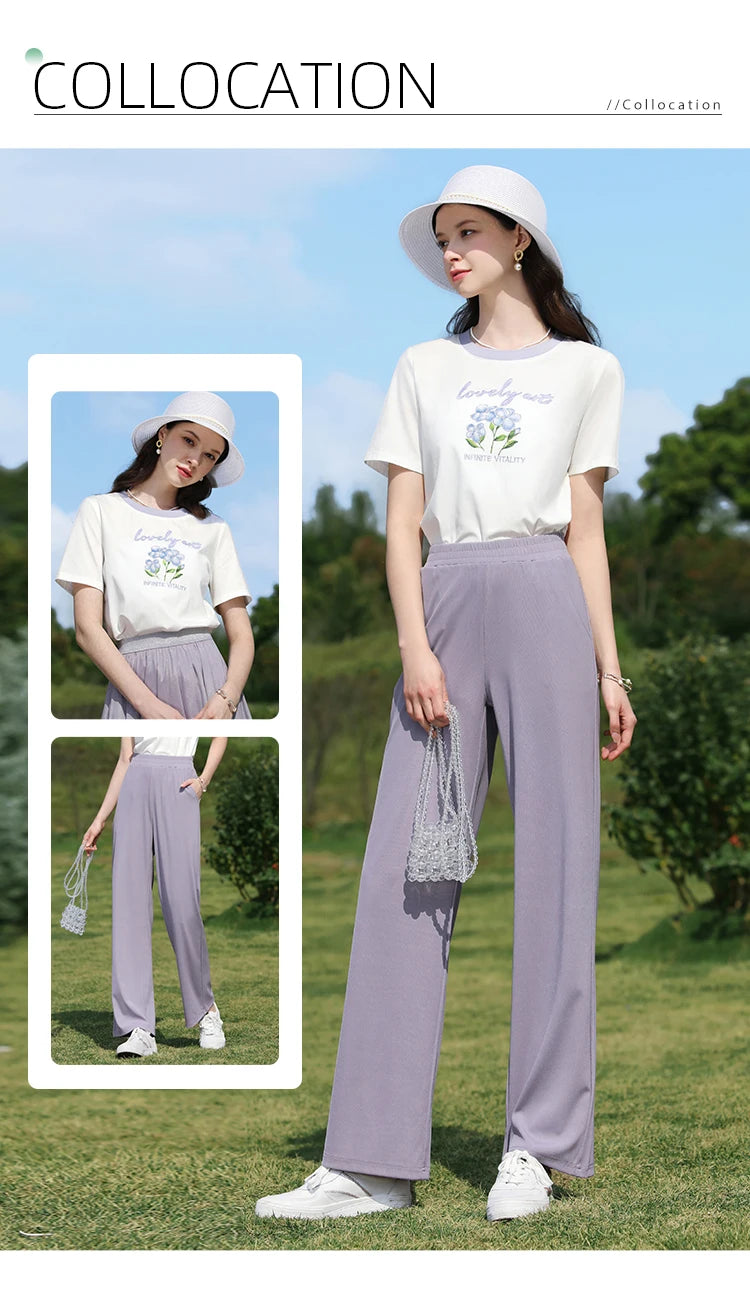 I BELIEVE YOU Wide Leg Pants Women 2024 Spring Summer New High Drape Pants Elastic High Waist Knitted Casual Trousers 2241045612