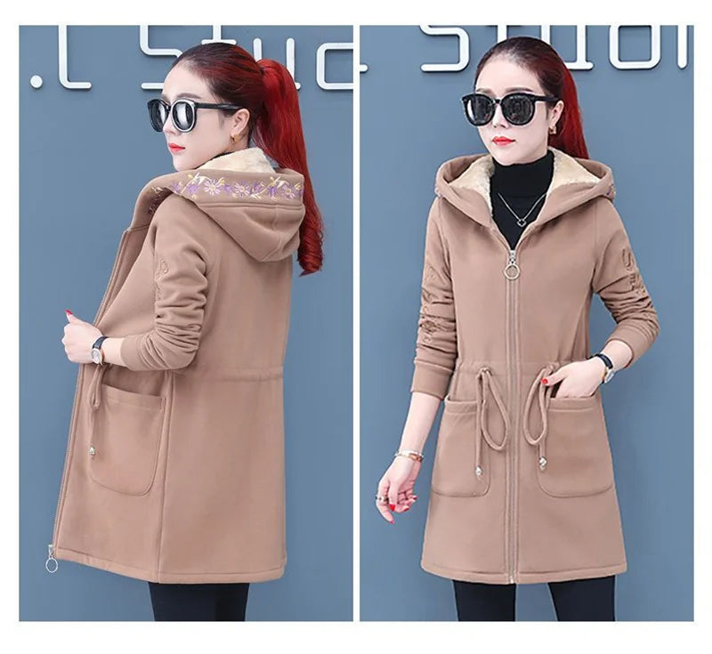 Plus Velvet Thick Lamb Plush Jacket Women 2025 New Autumn Winter Parkas Lace-Up Of Hooded Loose Long Embroid Trench Coat Female