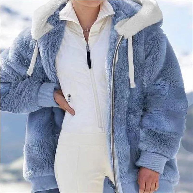 Women Winter Warm Faux Fur Jacket Plush Coat New Casual Hooded Fashion Zipper Soft Fleece Cashmere Jackets Female Thick Clothing