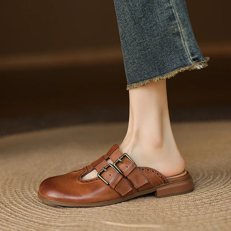 New Fashion Sandal Women Pumps Shoes Sexy Slingback Heels Retro Leather Party Casual Summer Round Toe Shoes Mueller Slippers