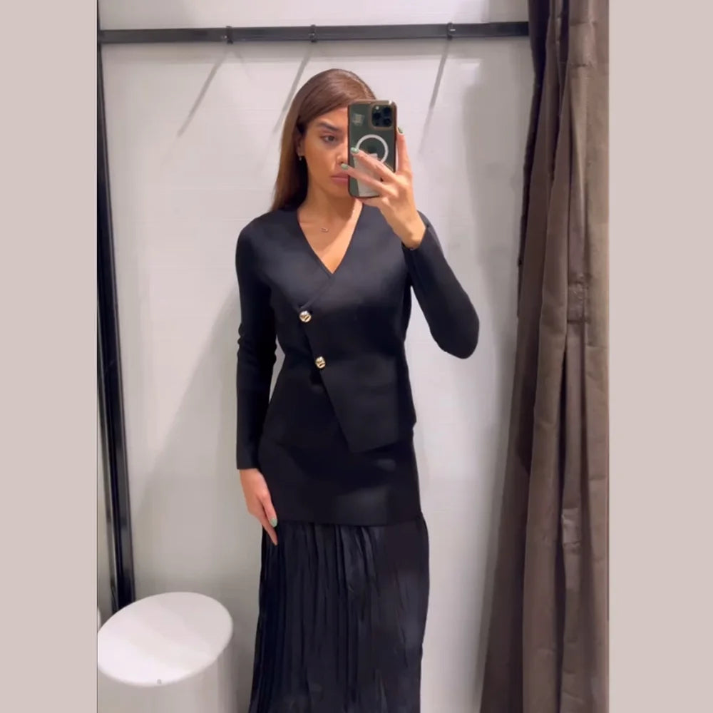 PB&ZA2024 Autumn New Women's Clothing Style Slimming Asymmetric Knitted Coat Small Folded Splicing Skirt Set