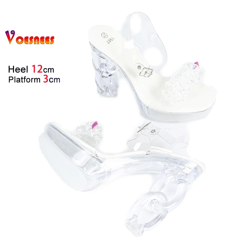 All Transparent PVC Shoes For Women Strange Style 12CM Summer Square Toe Platform High Heels White Crystal Evening Party Sandals