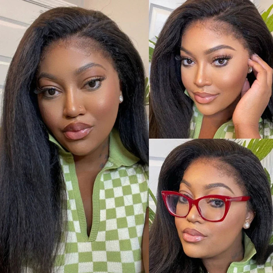 100% Human Hair Kinky Straight 13x6 HD Lace Frontal Human Hair Wig Indian Transparent Lace Front Wig For Women PrePlucked 200%