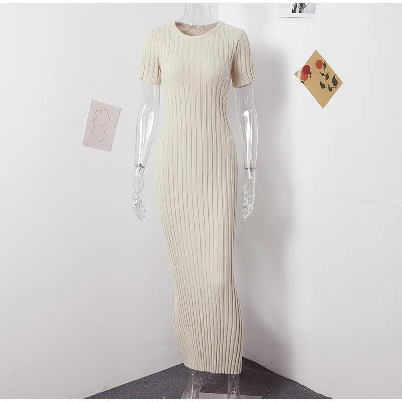 Knitted Women Long Dress Short Sleeve Pleated Lady Dresses 2024 Fashion Autumn Winter Hip Package O Neck Female Vestidos