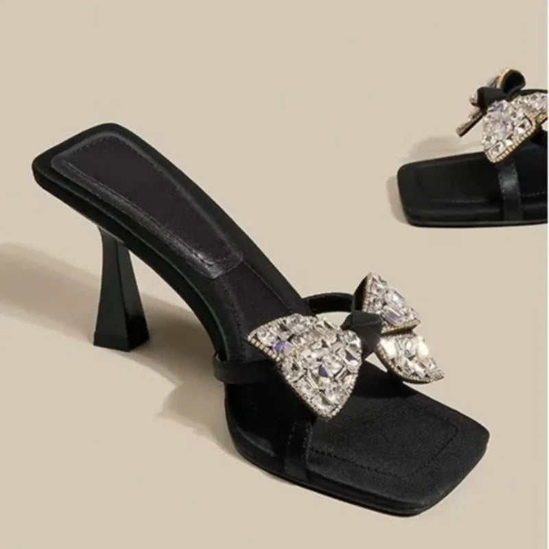 Summer New Stiletto Sandals Square Head Open Toe Sequin Butterfly Knot Thin Strap Anti-slip Wear-resistant High-heeled Slippers