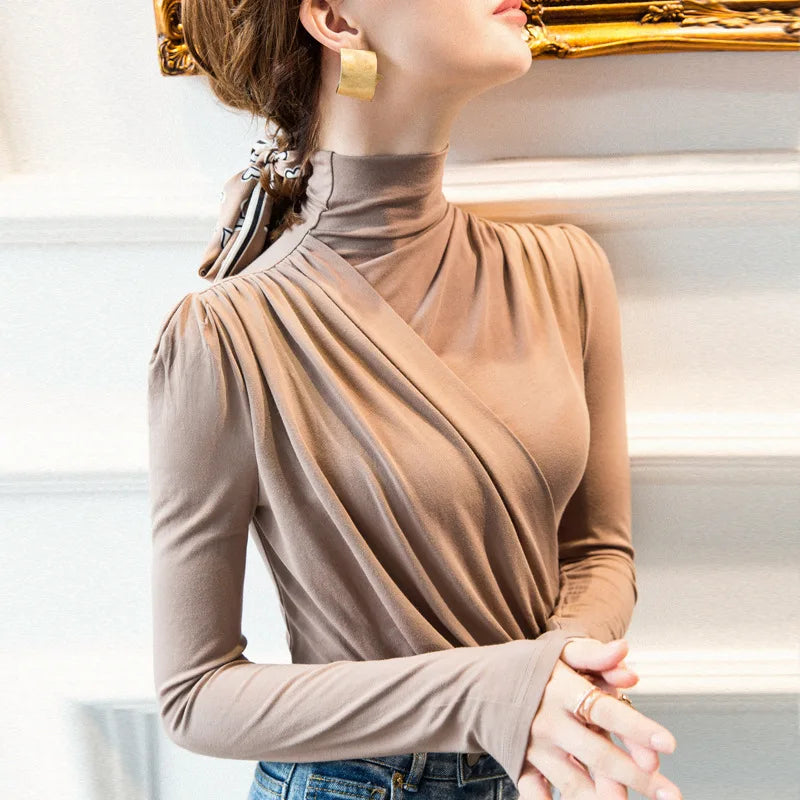 EVNISI Women Casual Thickening Warm Shirt Elegant Office Long Sleeved T-shirt Mock Neck Women Bottoming Tops 2024 Autumn Winter