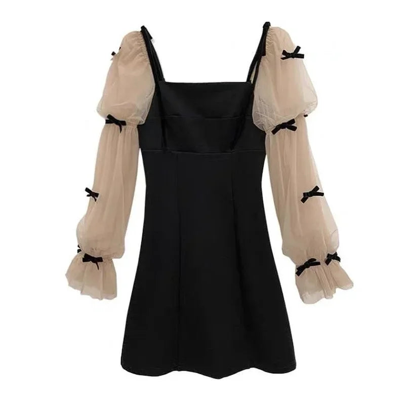 Flare Sleeve Evening Dress for Women Black Elegant Bow Mesh Patchwork Luxury Temperament Famous Lady Aesthetic Платье Женское