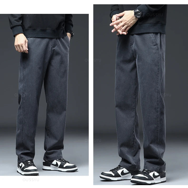 Spring Autumn New Upgraded Lyocell Fabric Jeans Men Loose Straight Elastic Waist Casual Denim Pants Trousers Male Large Size 5XL