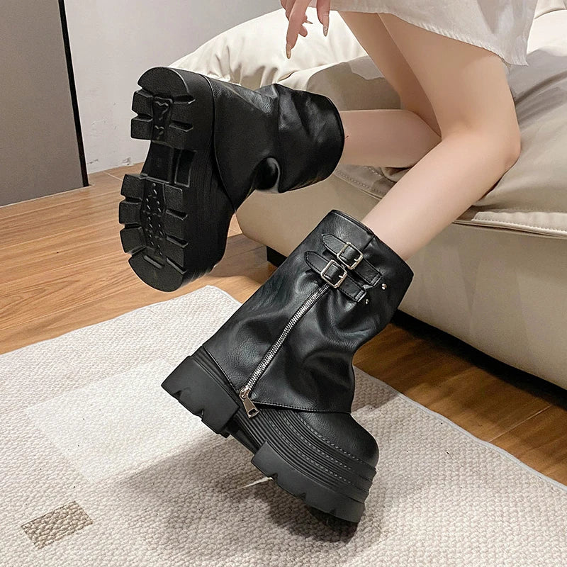 10CM Winter Warm Chunky Short Boots Women High Heels New Mid Calf Leather Sneakers Trend Buckle Motorcycle Boots Fur Snow Shoes