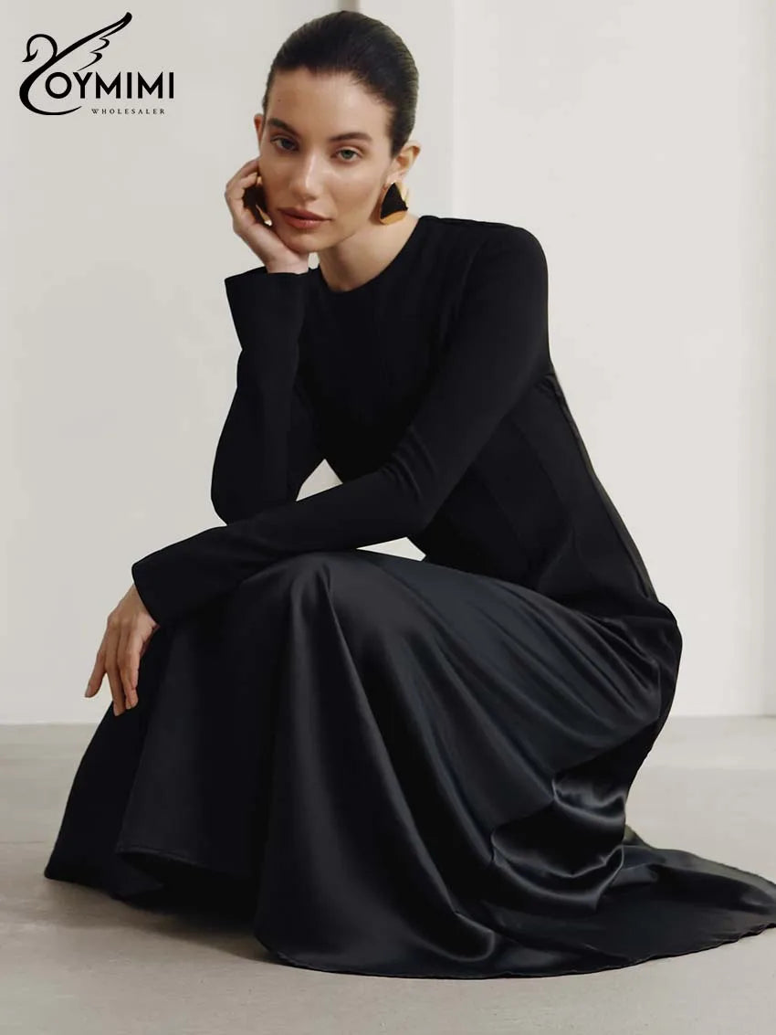 Oymimi Elegant Black O-Neck Womens Dresses Fashion Long Sleeve Patchwork Slim Dresses Casual New Straight Ankle-Length Dress