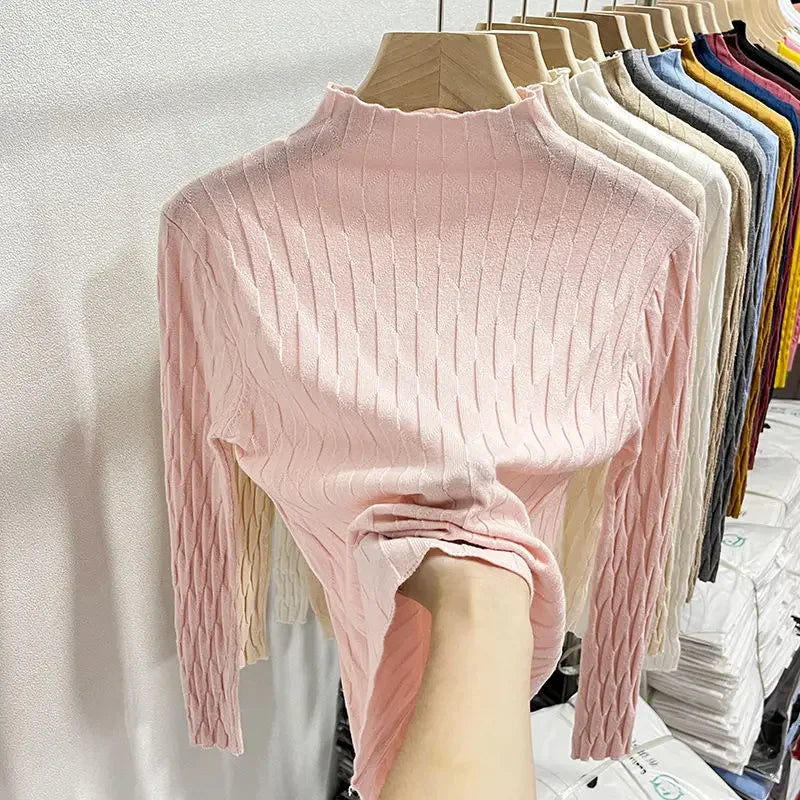 2025 Slim Fit Knitted Base Pullovers Autumn Winter Turtleneck Sweater Women's Solid Long Sleeve Casual Ruched Sweater