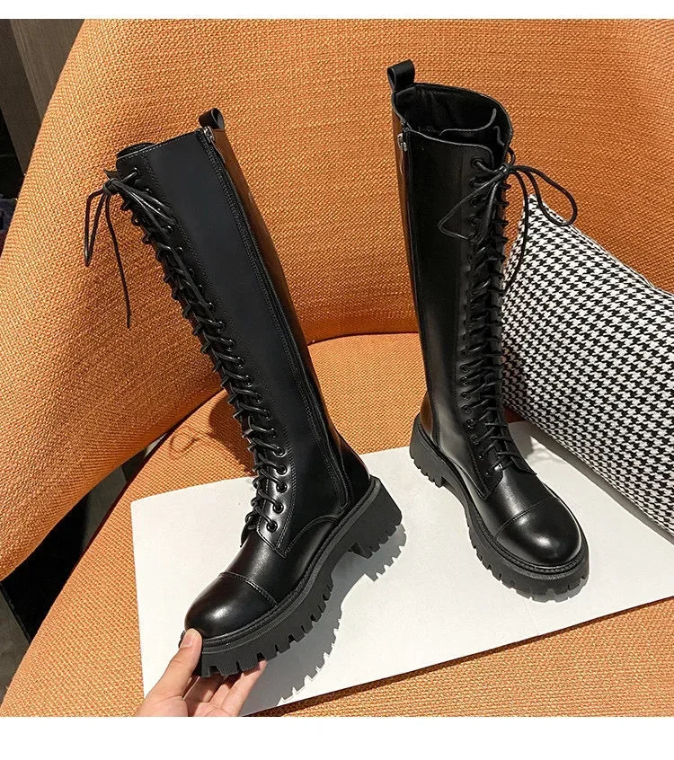 2024 New Women's Long Boots Thick Sole Knight Boots British Style High Non-knee Rubber Upper Material
