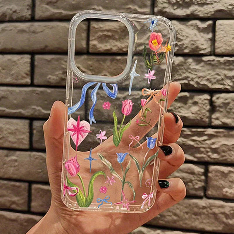 Transparent Fruit Juice Flower Pattern Phone Case For iPhone 17 16 14 11 12 13 15 Pro Max 14 Plus 17 Air Shock-Absorbing Cover