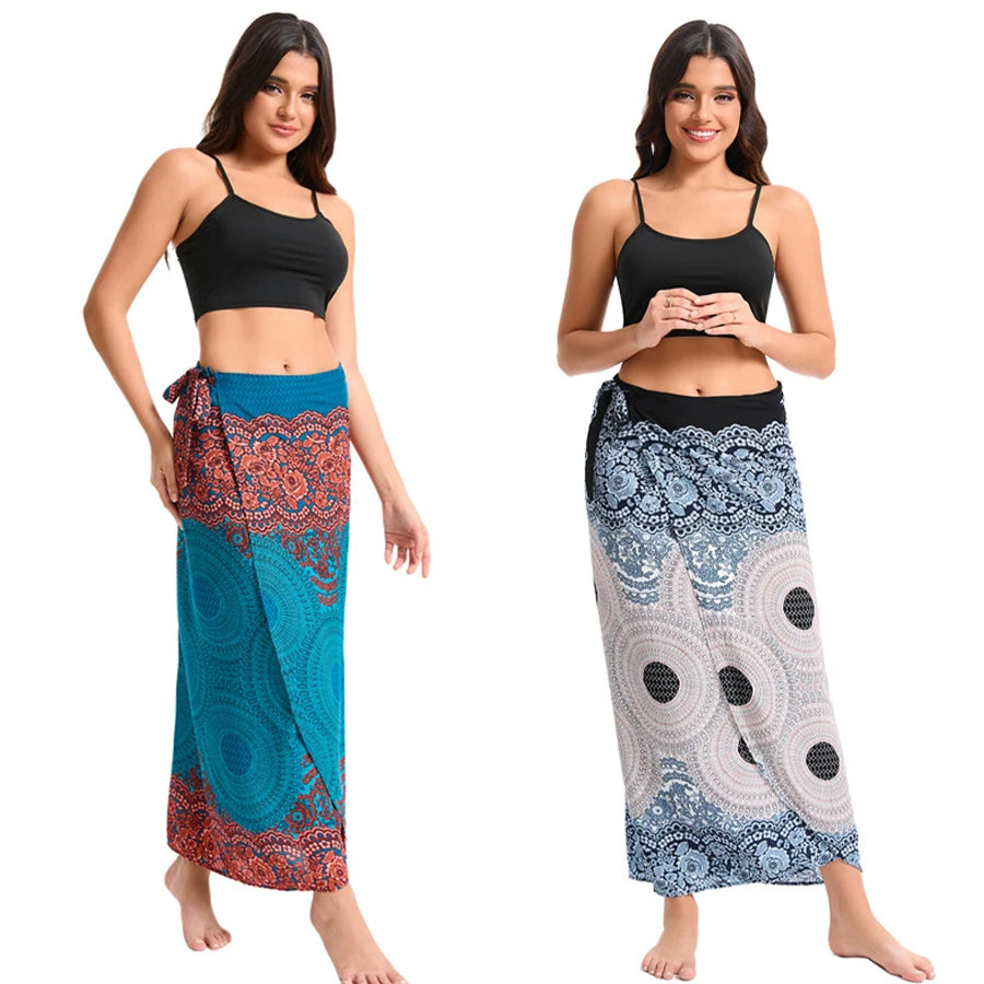 Women’s Boho Maxi Wrap Long Skirt Tie Up Beach Cover Up Dress Vintage Bohemian Adjustable High Waisted Holiday Rayon Dress