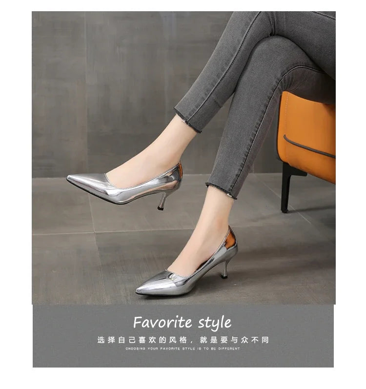 2024 New Lady Pointe Toe Gold Silver Pumps Female Wedding Bridal Shoes  Fashion Women Patent Leather High Heels Plus Size 45