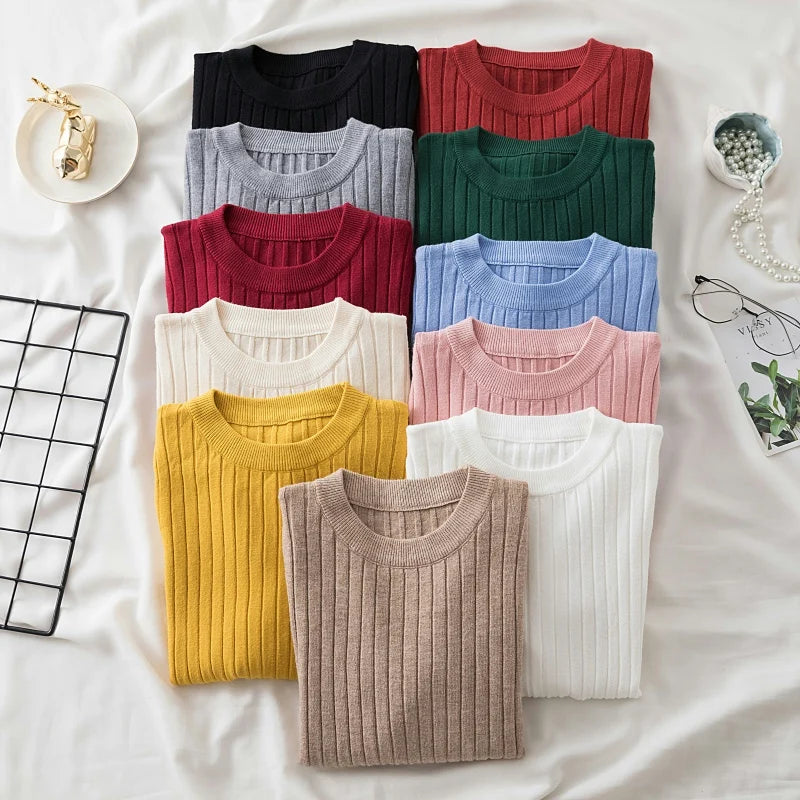 Autumn Winter 2025 Tops Pullovers Women Sweaters Knit Soft Jumper Tops O-Neck Ribbed Long Sleeve Korean Slim-fit Female Sweater