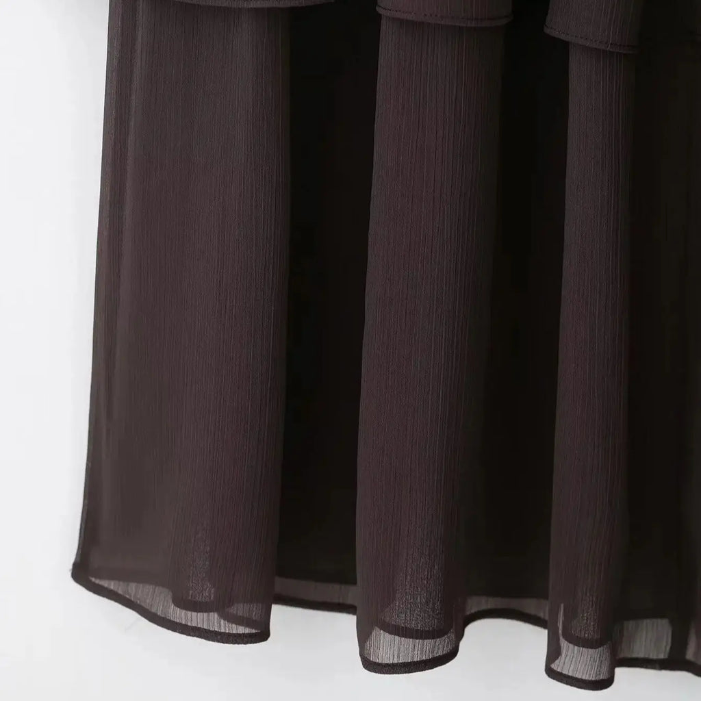 New High Street Women Brown Ruffled Pleated Midi Skirt High Elastic Waist Female Chic Lady Long Skirts