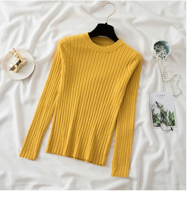 Autumn Winter 2025 Tops Pullovers Women Sweaters Knit Soft Jumper Tops O-Neck Ribbed Long Sleeve Korean Slim-fit Female Sweater