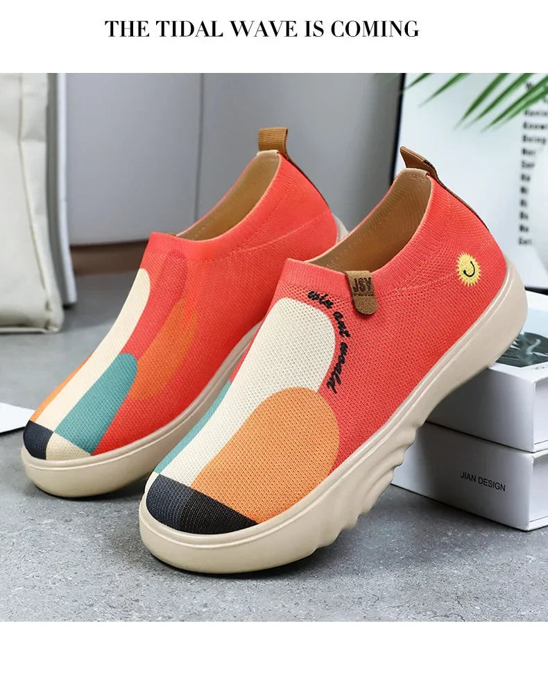 Spring and summer women's breathable knitted sports shoes, casual sponge shoes, lightweight mesh low top shoes  platform boots