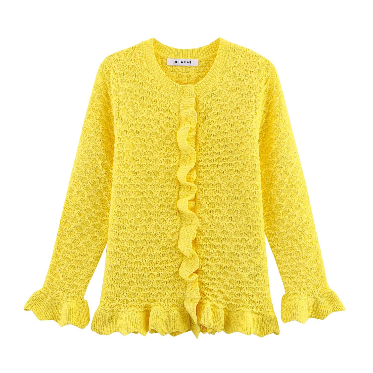 DEEABAE Spring Women's French Style Design With Layered Decorative Buttons And Round Neck Long Sleeved Knitted Jacket